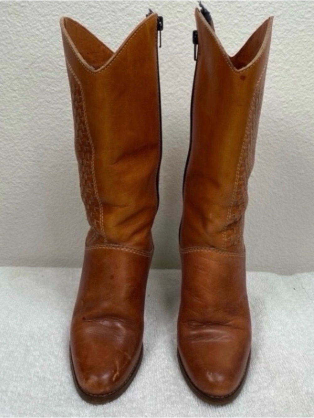 Vintage 9 West Brazil Women's Cognac Woven Zip Almond Heel Western Boot Size 6.5